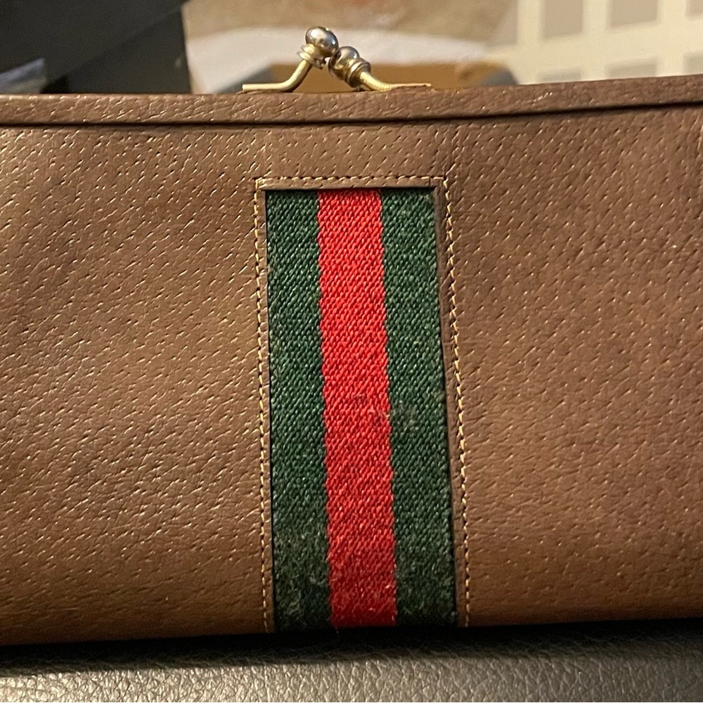 EUC Gucci Brown Leather Clutch with Red and Green Stripe - Picture 2 of 6